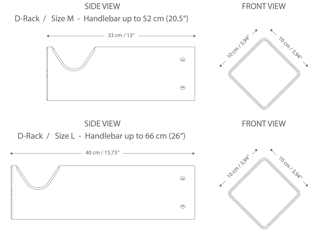 Sketch of bicycle wall mount D-RACK from PARAX with exact dimensions