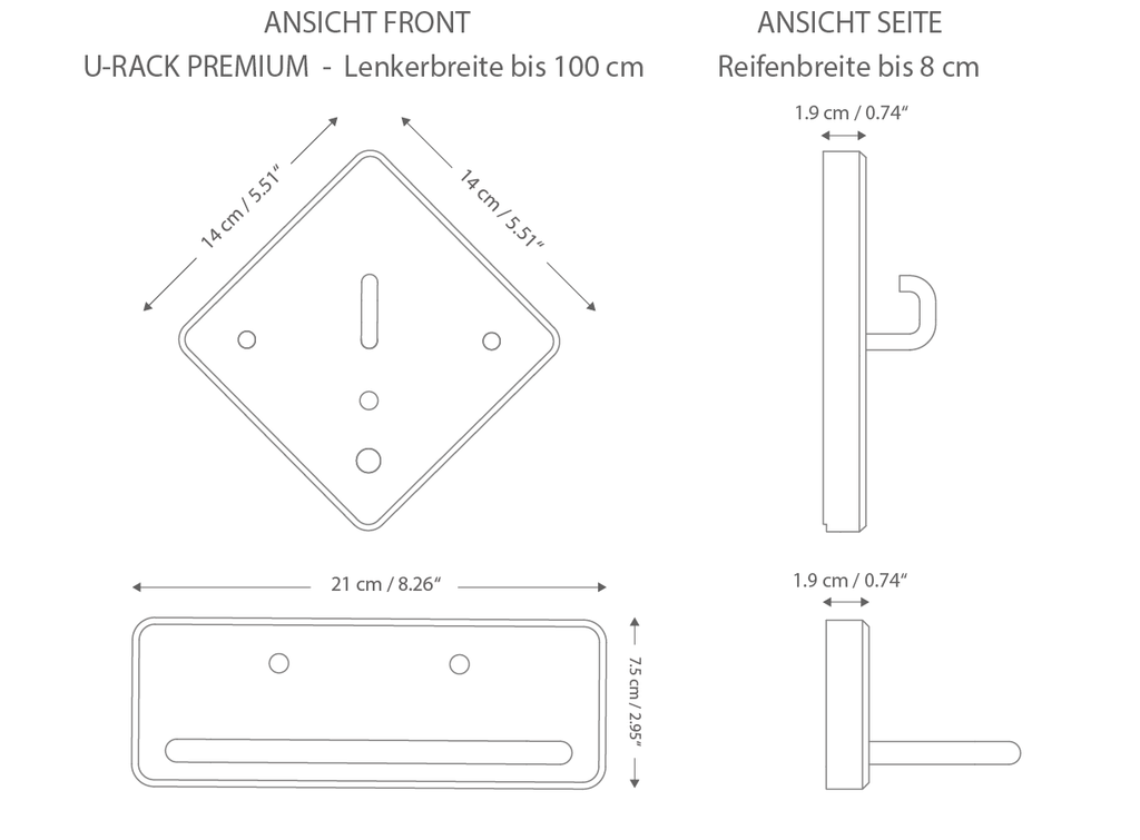 Skizze von Fahrrad Wandhalterung U-RACK mit genauen Maßen